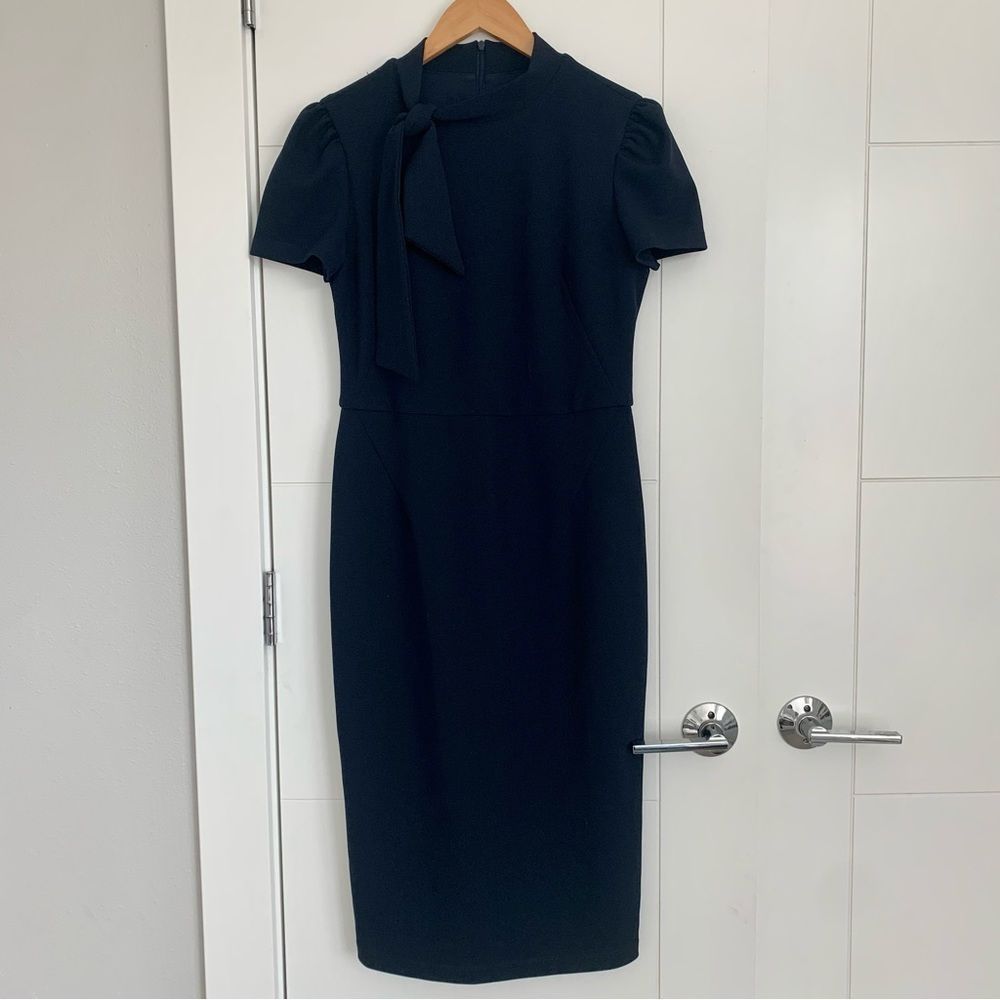 Maggy London Short Sleeve Neck Tie Midi Dress Navy 6